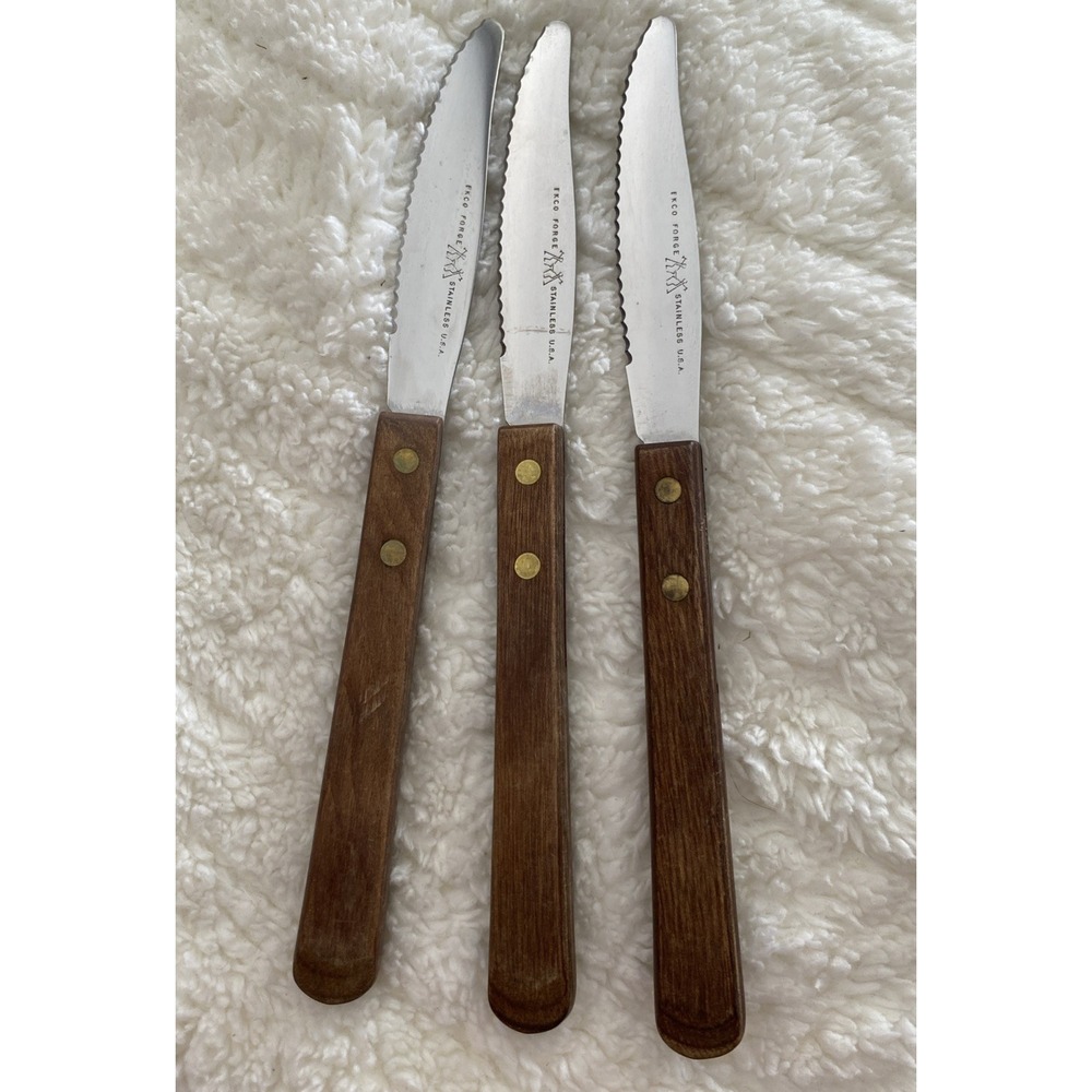 Vintage EKCO Forge Stainless U.S.A. Serrated Steak Knives (3) Wood Handle